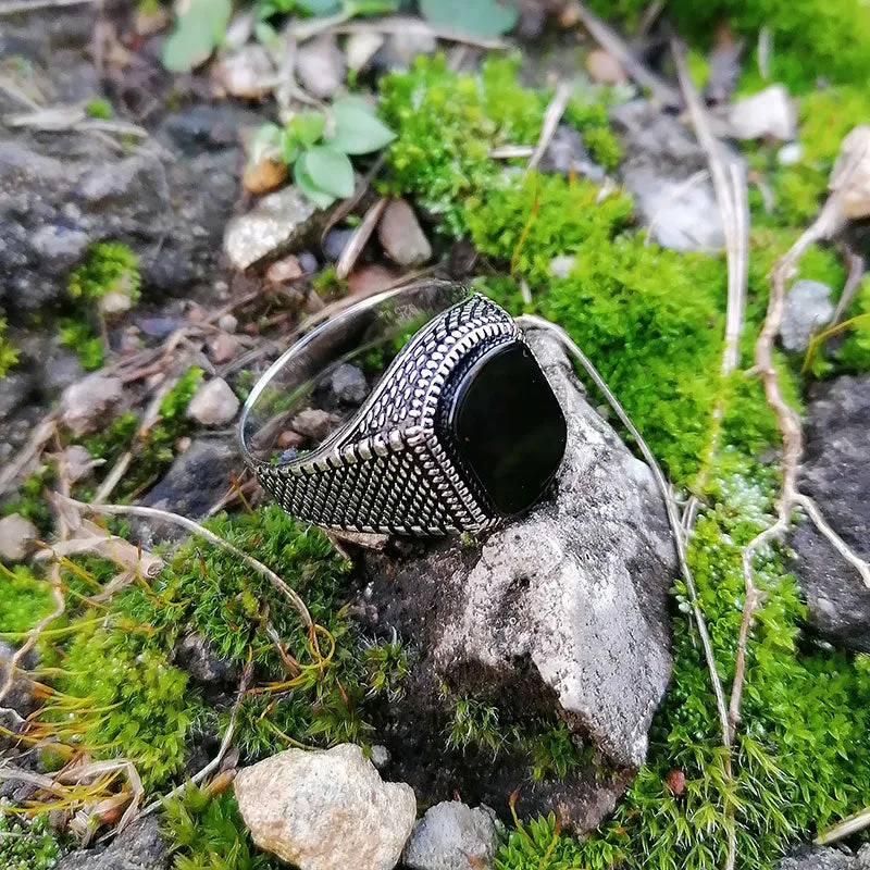 925 Sterling Silver Black Agate Vintage Gothic Ring