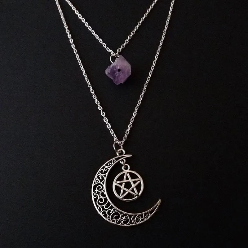 Amethyst Crystal Wire Wrapped Moon Gothic Necklace