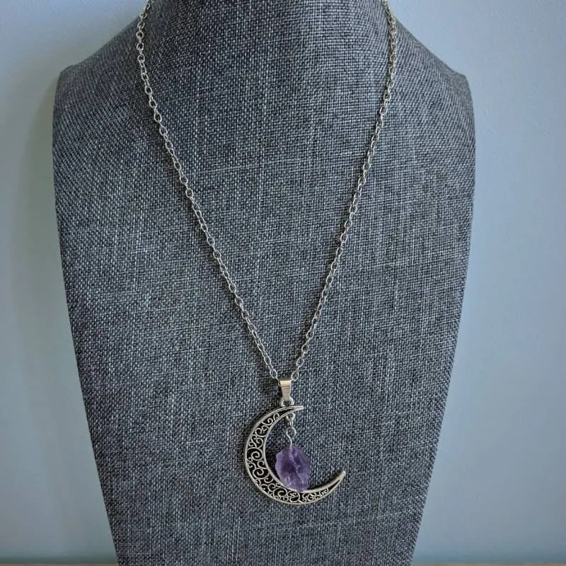 Amethyst Crystal Wire Wrapped Moon Gothic Necklace