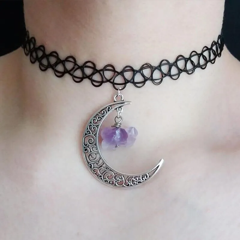 Amethyst Crystal Wire Wrapped Moon Gothic Necklace