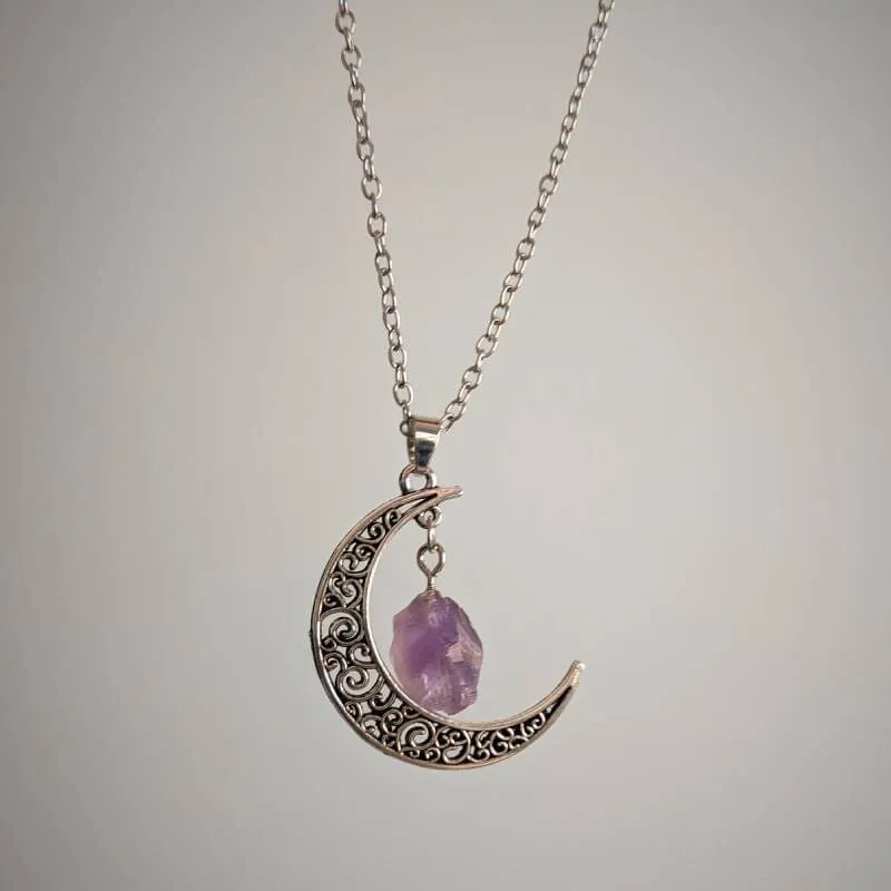 Amethyst Crystal Wire Wrapped Moon Gothic Necklace