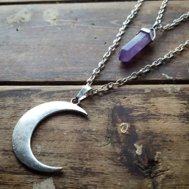 Amethyst Crystal Wire Wrapped Moon Gothic Necklace