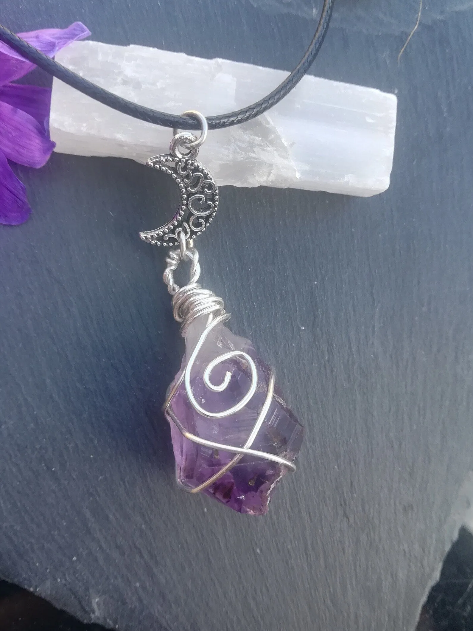 Amethyst Crystal Wire Wrapped Moon Gothic Necklace