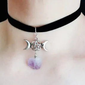 Amethyst Crystal Wire Wrapped Moon Gothic Necklace