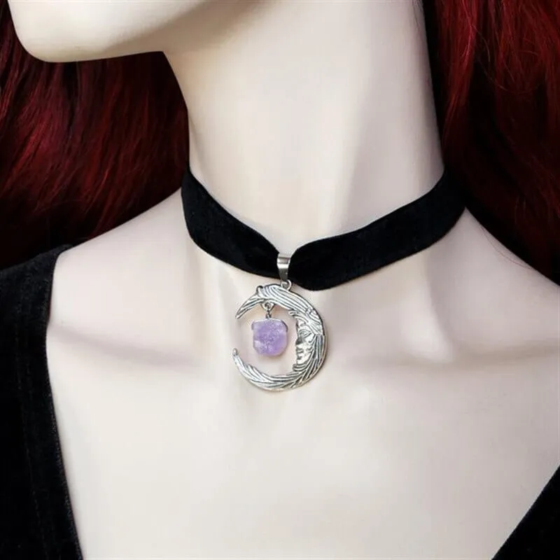 Amethyst Crystal Wire Wrapped Moon Gothic Necklace