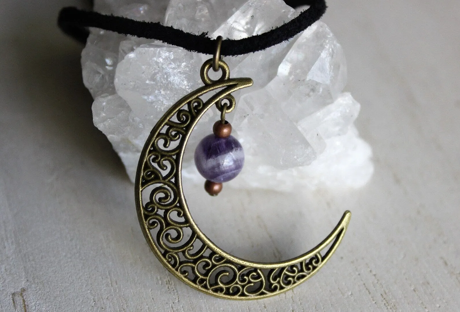 Amethyst Crystal Wire Wrapped Moon Gothic Necklace