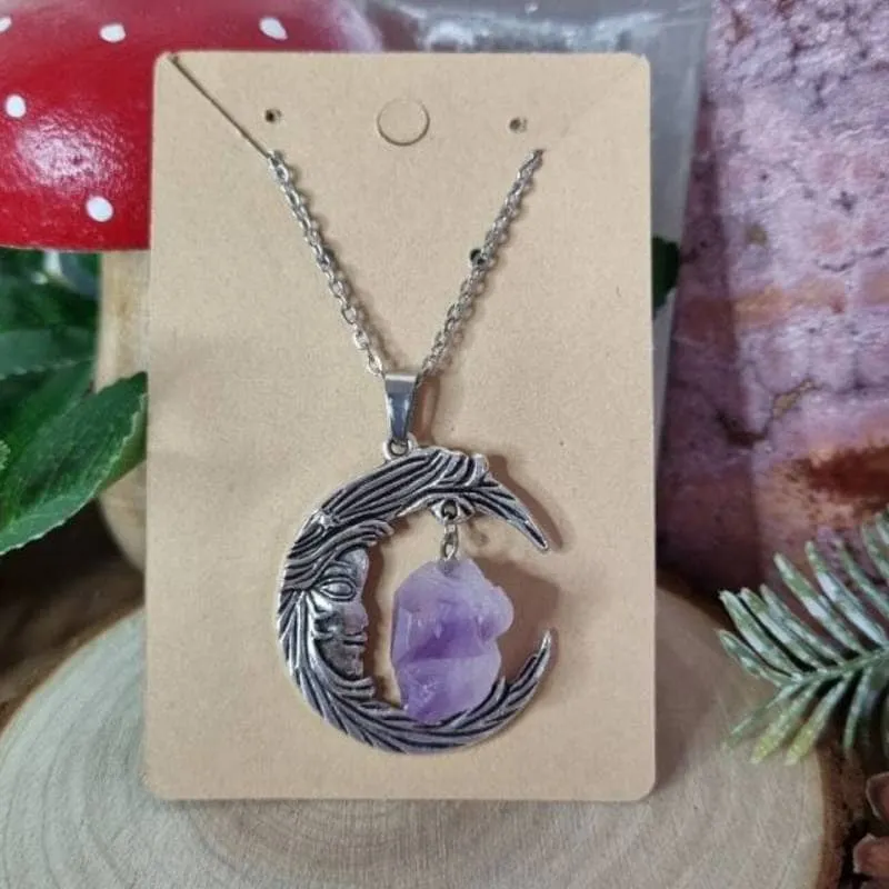 Amethyst Crystal Wire Wrapped Moon Gothic Necklace