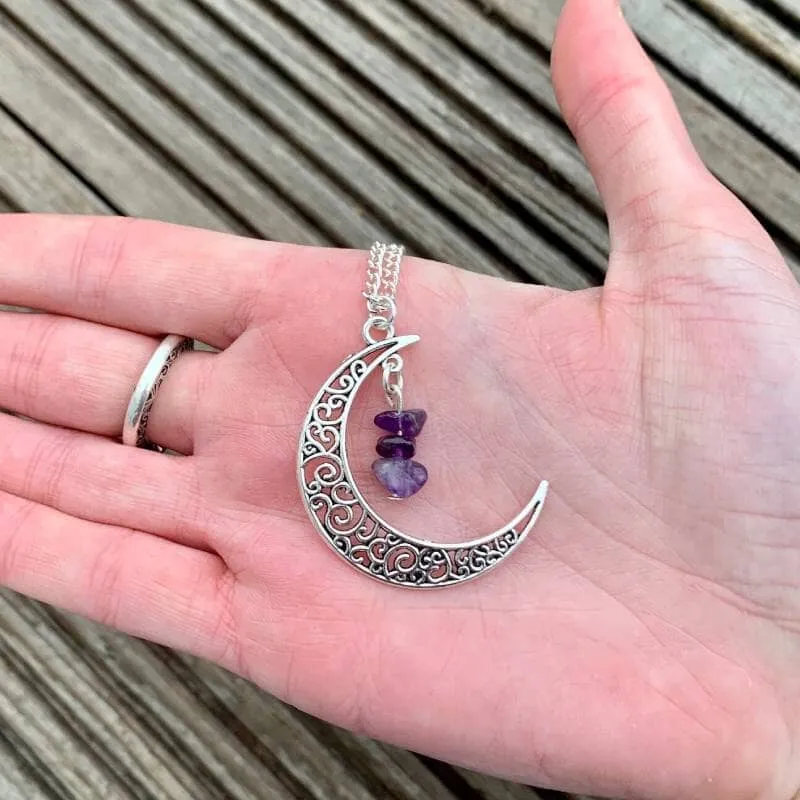 Amethyst Crystal Wire Wrapped Moon Gothic Necklace