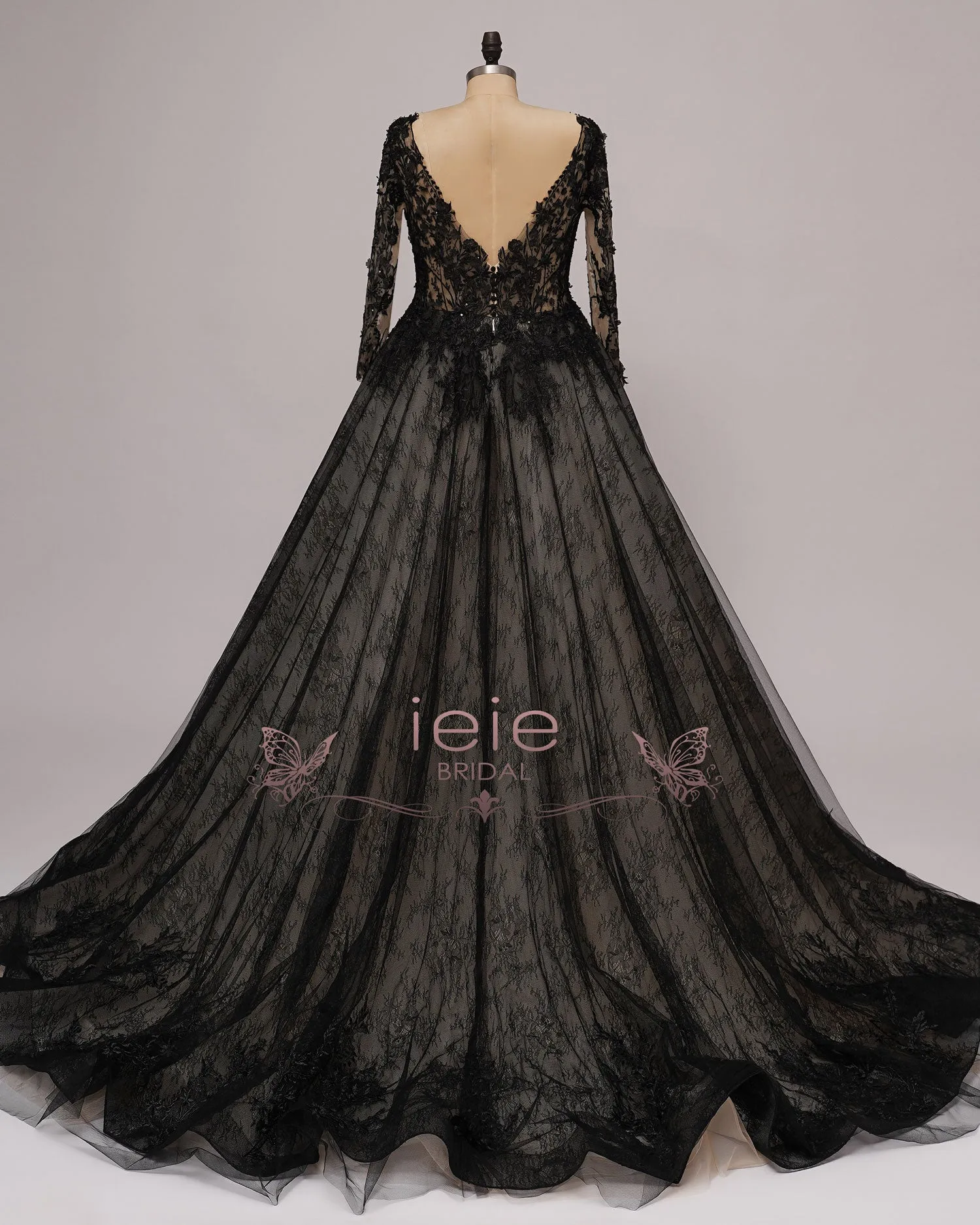 Black Gothic Lace Wedding Dress with Sleeves BRIENNE