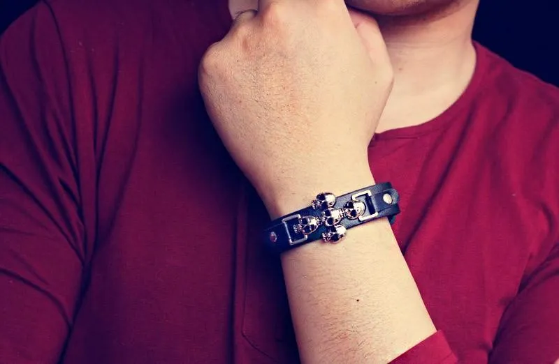 Black Leather Belt Gothic Skull Bracelet