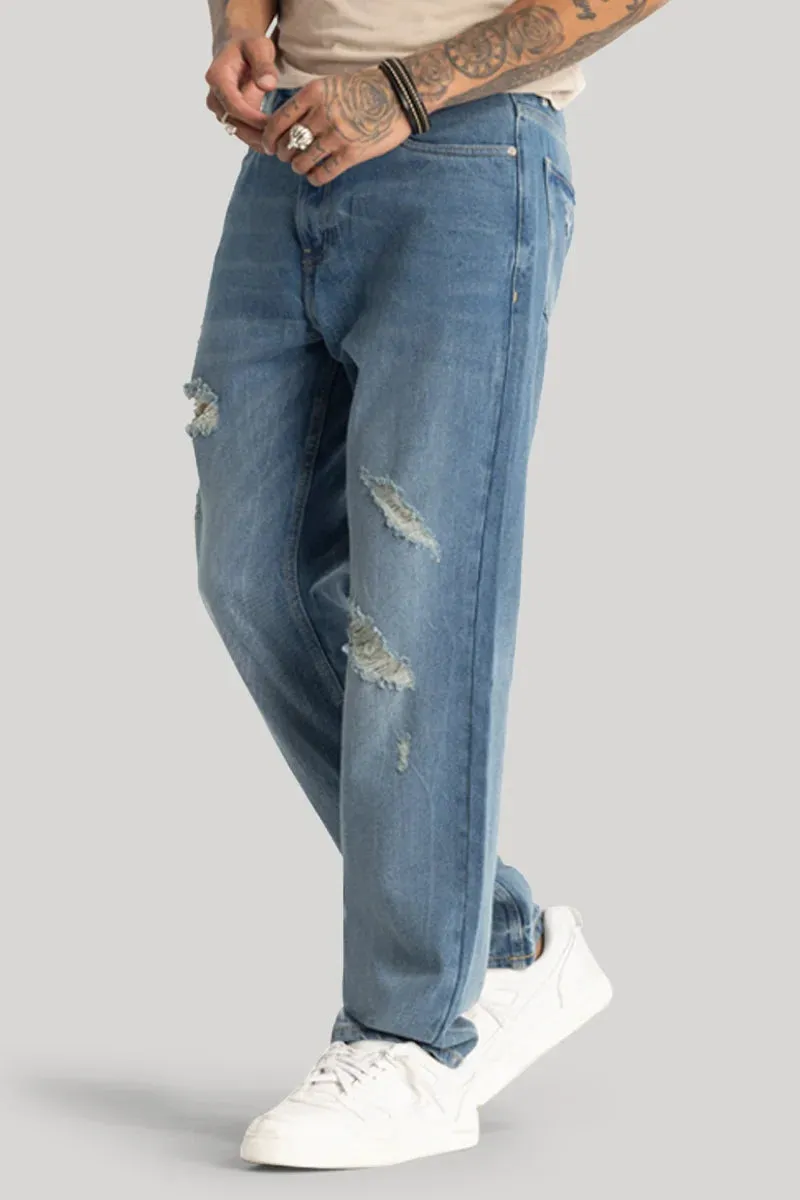 Blue Distressed Relaxed Fit Jeans