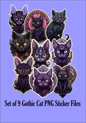 Cute Gothic Cats Kiss-Cut Digital PNG Stickers