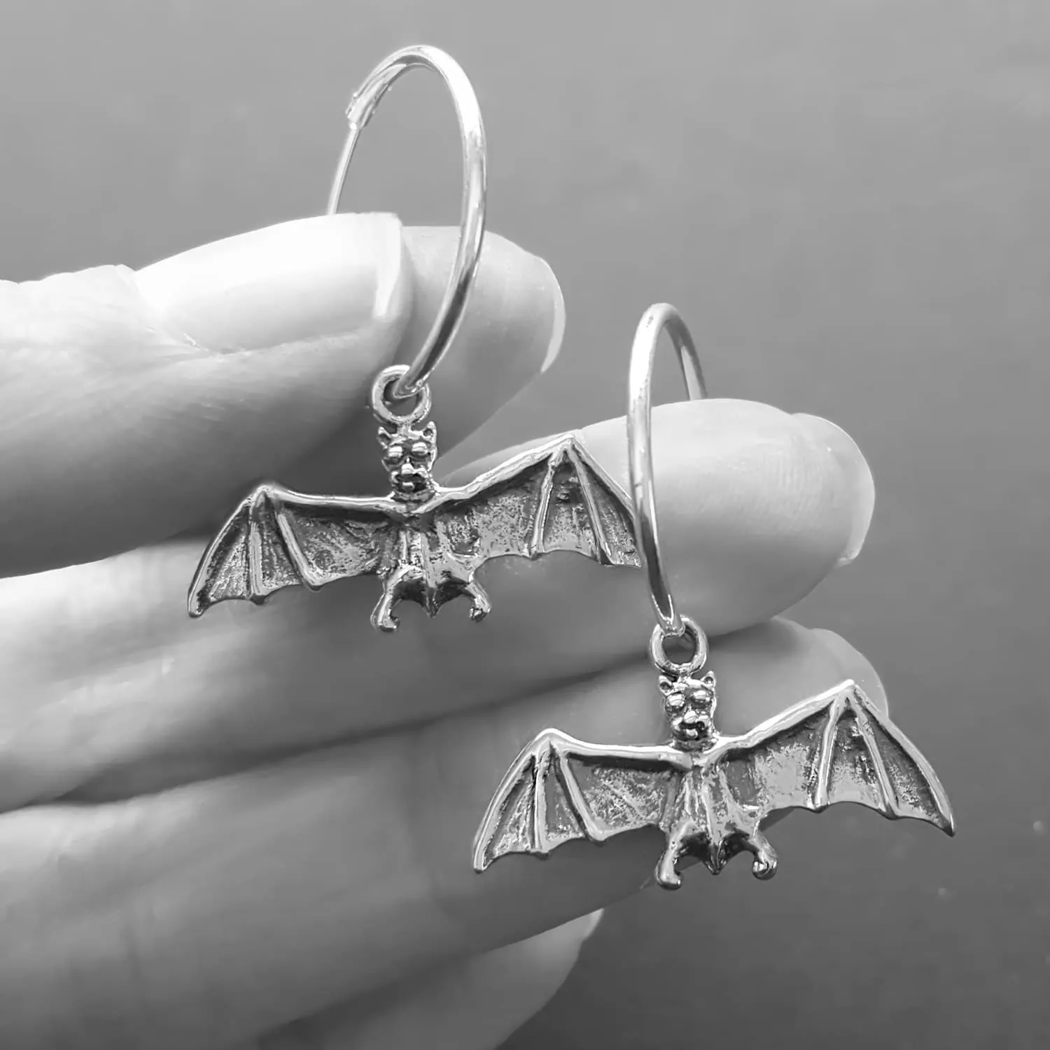 Gothic Bat Hoop Earrings - sterling silver