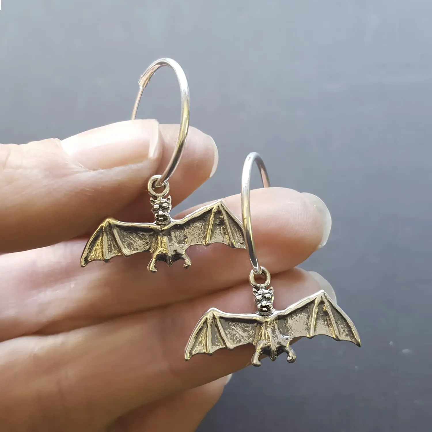 Gothic Bat Hoop Earrings - sterling silver