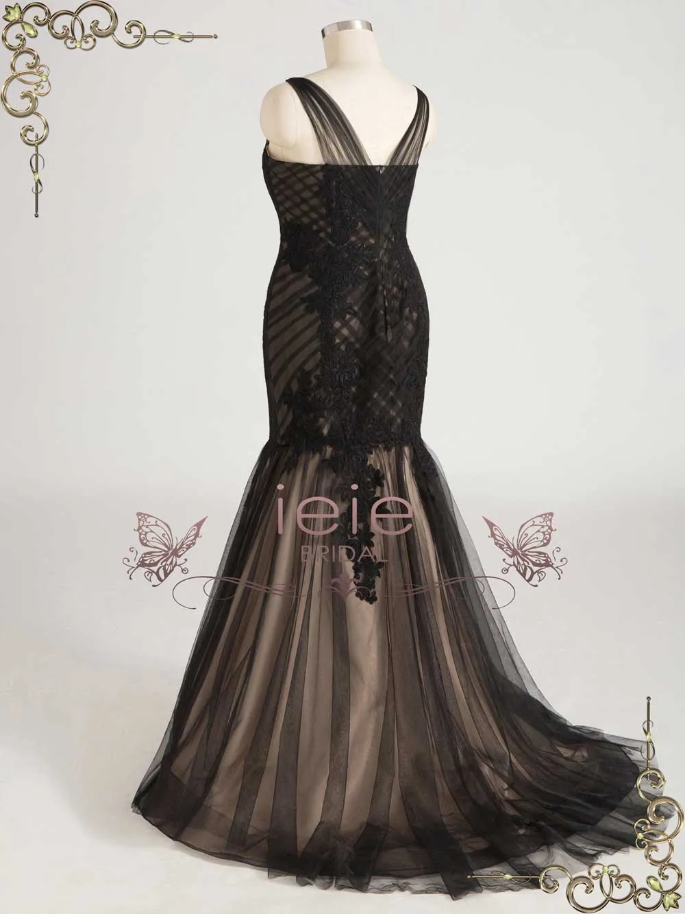 Gothic Black Lace Wedding Dress with Champagne Lining TRINITY