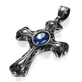 Gothic Black Sapphire Stone Cross Pendant Necklace