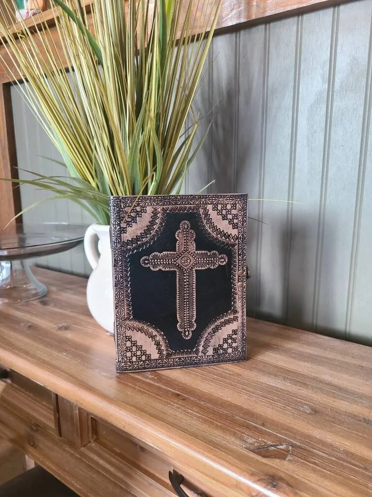 Gothic Cross Leather Writing Journal - Black and Tan