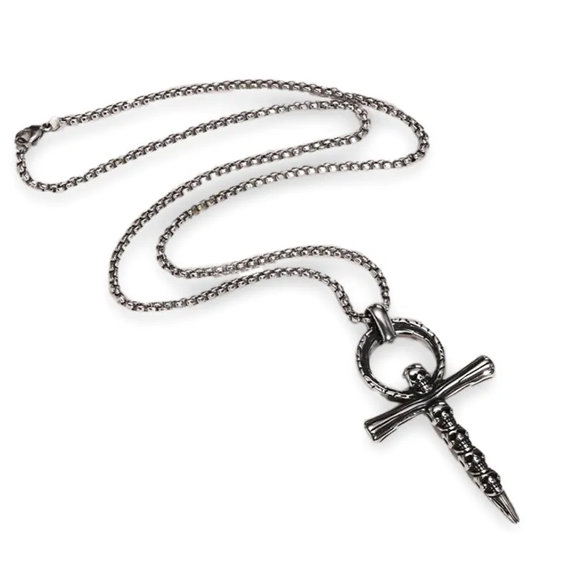 Gothic Silver Skull Cross Pendant Stainless Steel Necklace