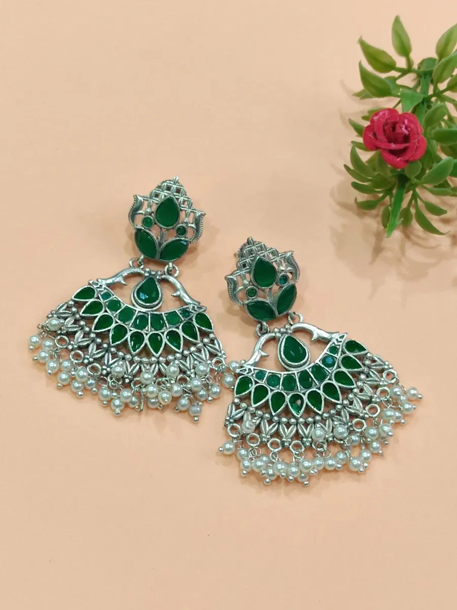 High End Emerald Stoned Dangler Oxidized Earrings