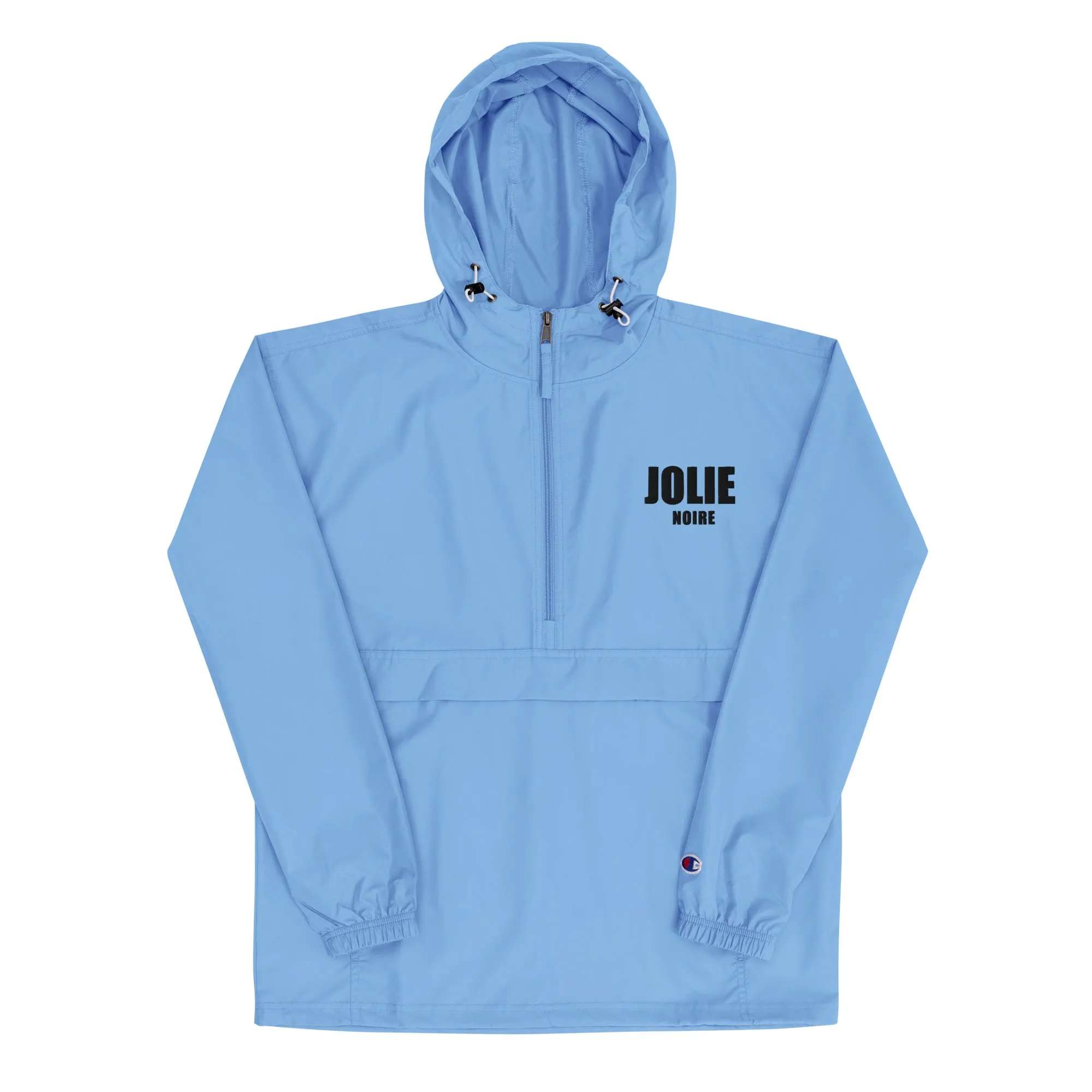 Jolie Noire Embroidered Champion Packable Jacket- Light Blue