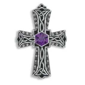 Large Silver Gothic Cross Pendant Celtic Necklace, Amethyst Hexagon Solid Silver