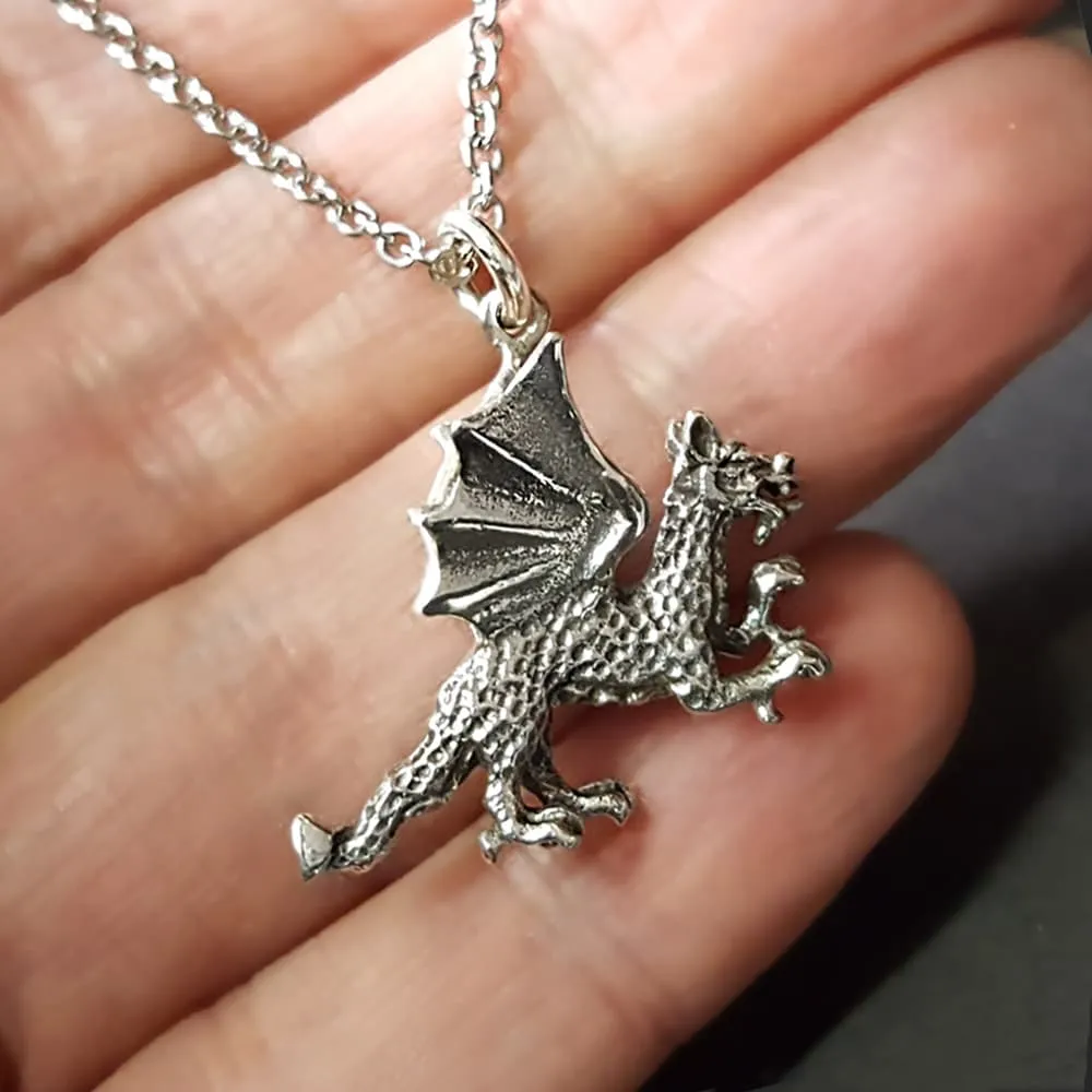 NEW: Gothic Winged Dragon Necklace, Sterling Silver 3D Dragon Pendant With Chain