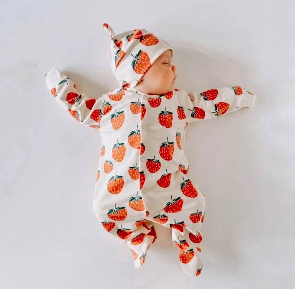 Organic cotton Baby sleep suit  in Cream/Strawberry print - Eddie & Bee