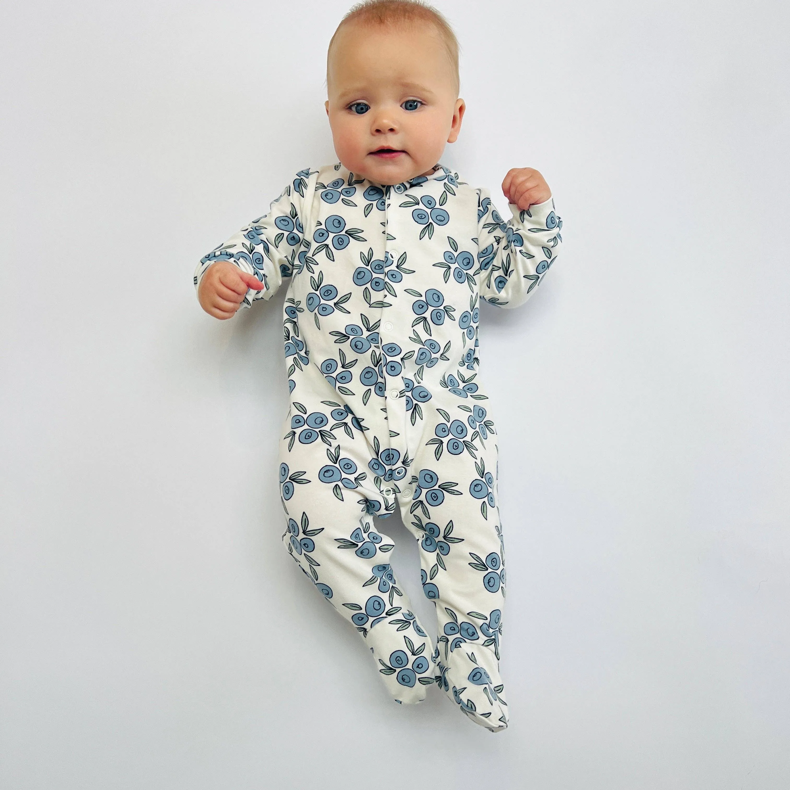 Organic cotton Baby sleepsuit  in Cream/Blueberry Print - Eddie & Bee