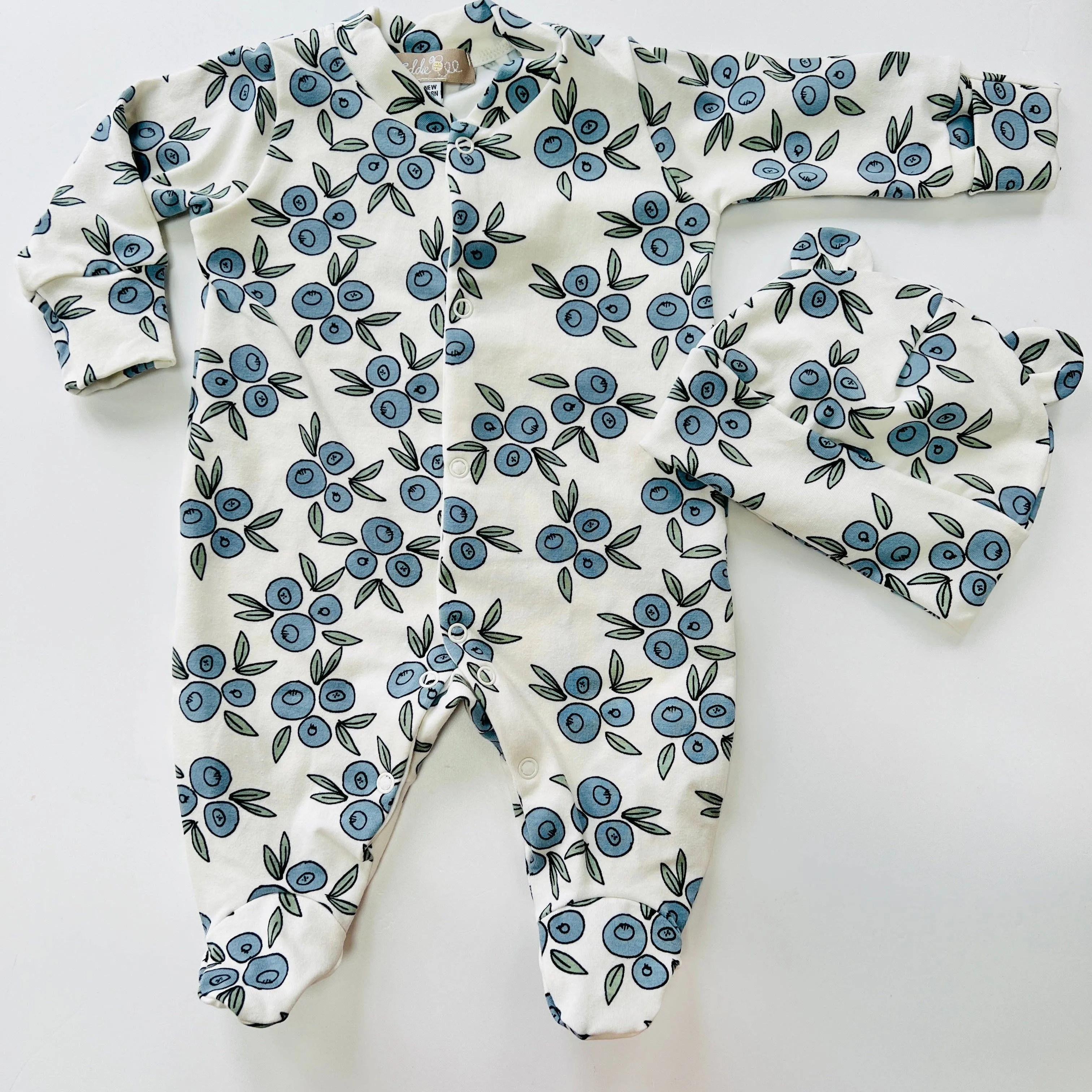 Organic cotton Baby sleepsuit  in Cream/Blueberry Print - Eddie & Bee