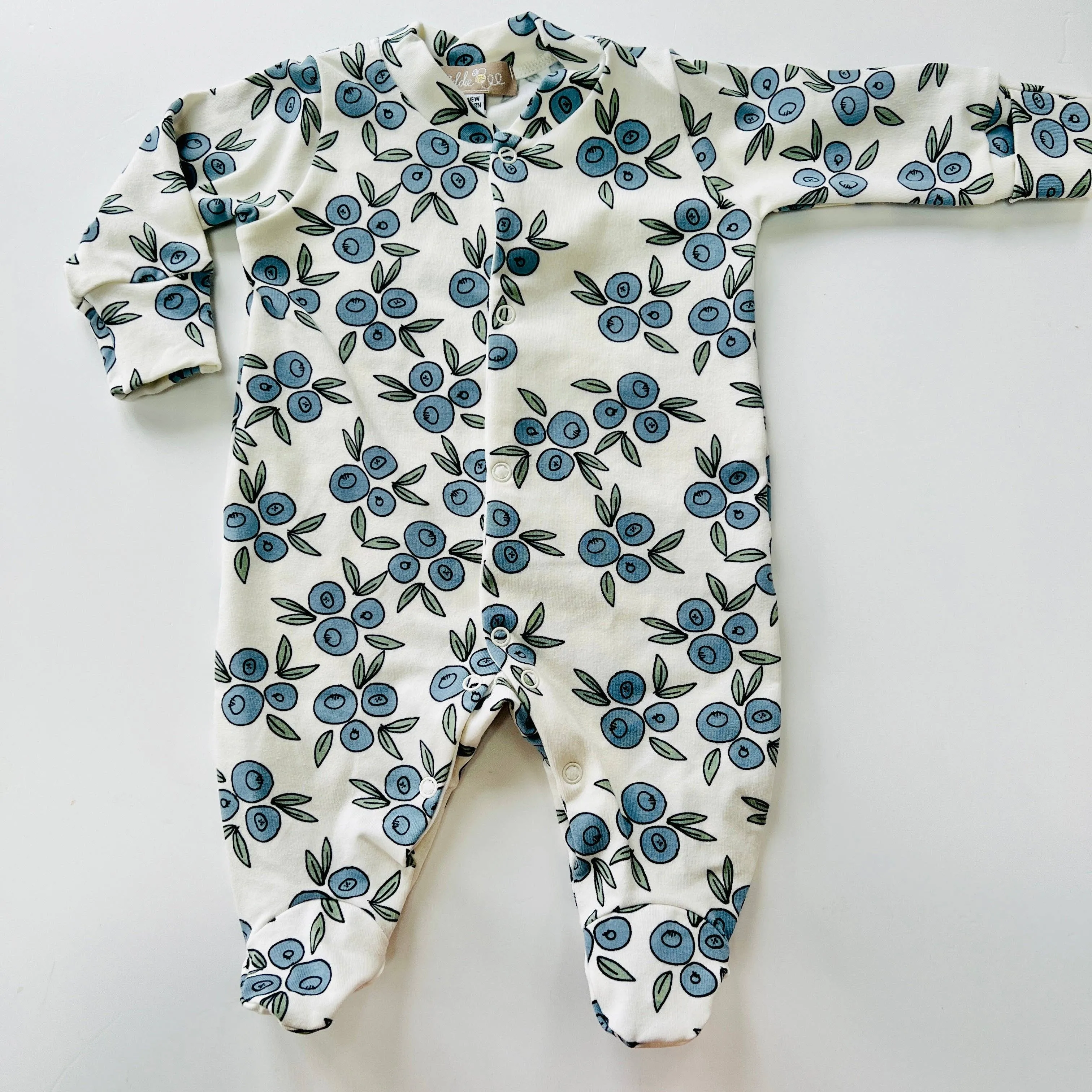 Organic cotton Baby sleepsuit  in Cream/Blueberry Print - Eddie & Bee