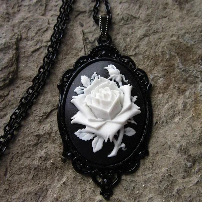 Retro Gothic Style Rose on Black or White Rose on Cameo Necklace