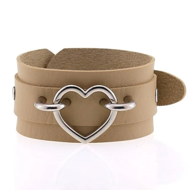 Silver Color Heart Wide Cuff Bangle Leather Gothic Punk Bracelet