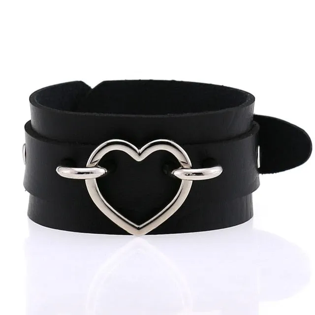 Silver Color Heart Wide Cuff Bangle Leather Gothic Punk Bracelet