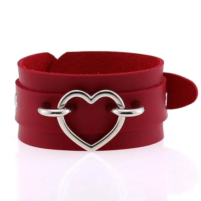 Silver Color Heart Wide Cuff Bangle Leather Gothic Punk Bracelet