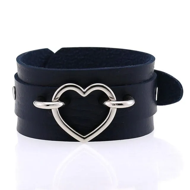 Silver Color Heart Wide Cuff Bangle Leather Gothic Punk Bracelet