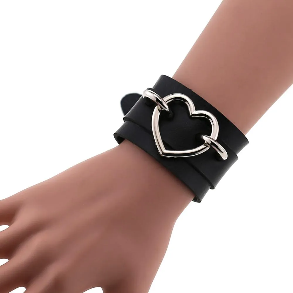 Silver Color Heart Wide Cuff Bangle Leather Gothic Punk Bracelet