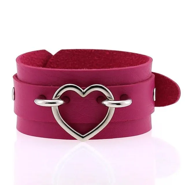 Silver Color Heart Wide Cuff Bangle Leather Gothic Punk Bracelet