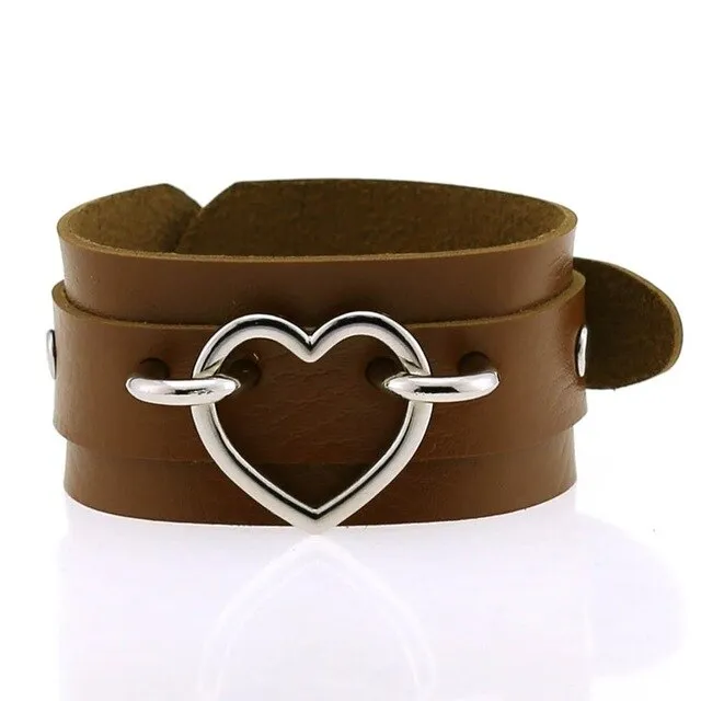 Silver Color Heart Wide Cuff Bangle Leather Gothic Punk Bracelet