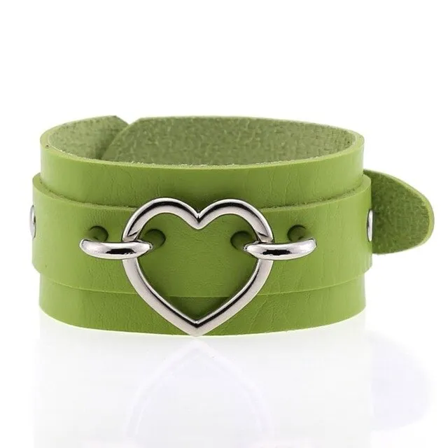 Silver Color Heart Wide Cuff Bangle Leather Gothic Punk Bracelet