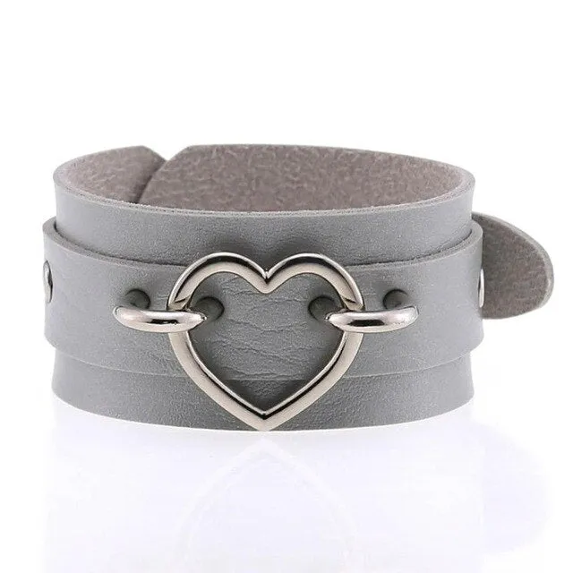 Silver Color Heart Wide Cuff Bangle Leather Gothic Punk Bracelet